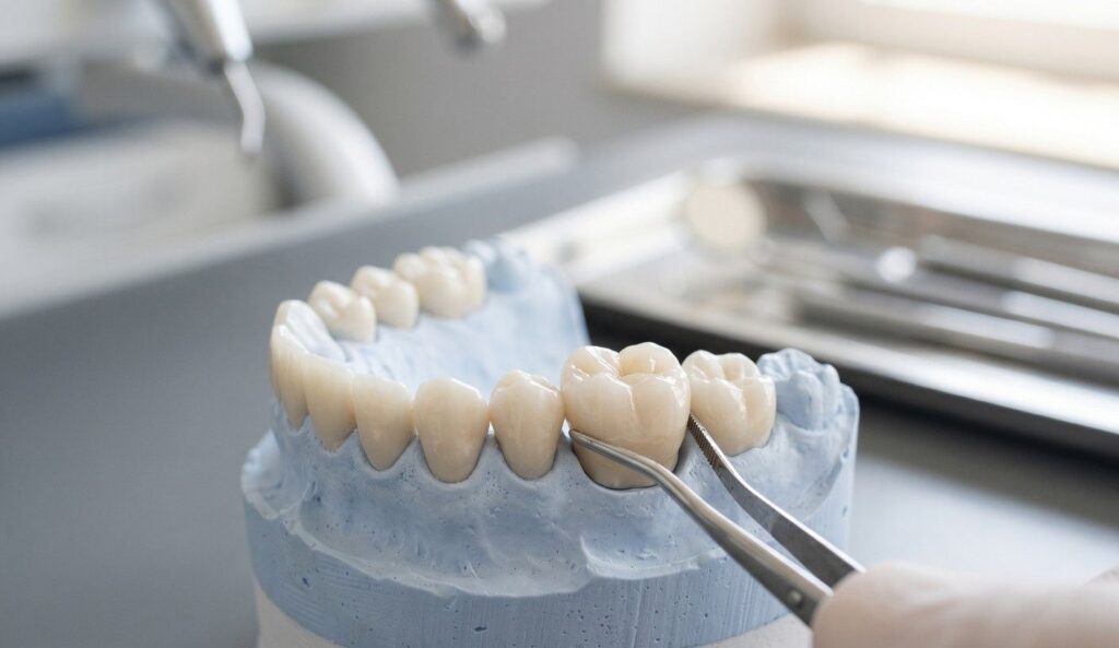 Custom porcelain dental crown being fitted onto a patient's jaw model in a dental clinic