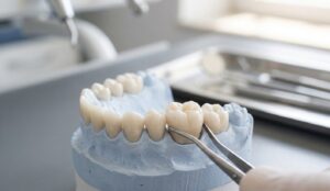 Custom porcelain dental crown being fitted onto a patient's jaw model in a dental clinic