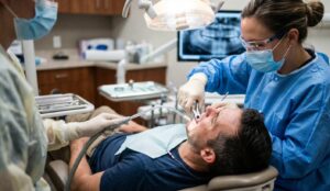 Dentist performing an emergency tooth extraction on a patient in a clinic